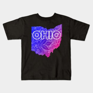 Colorful mandala art map of Ohio with text in blue and violet Kids T-Shirt